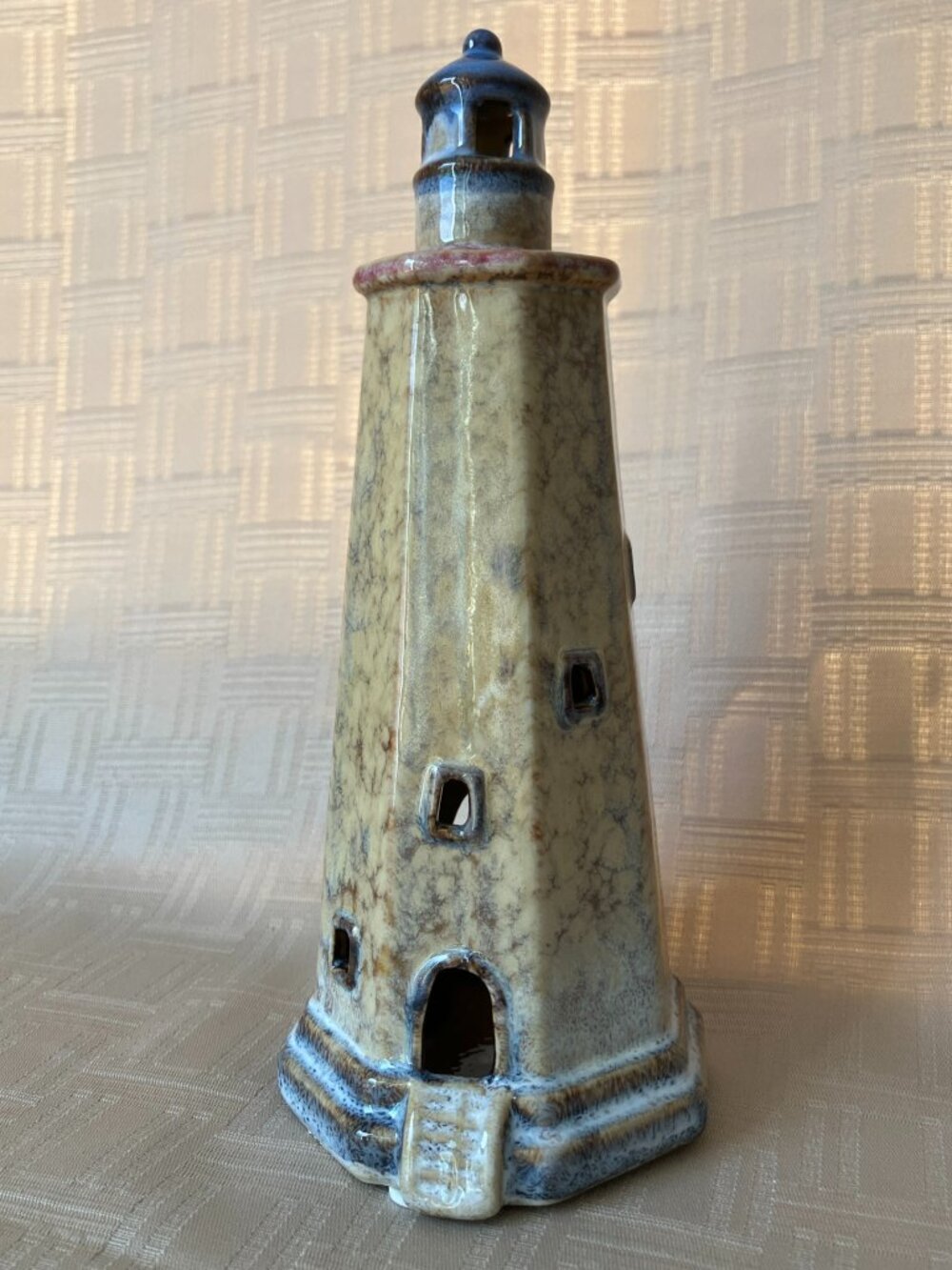 Ceramic Lighthouse Tealight Candle Holder 8 in Tall in Speckled Tan & Blue Hues